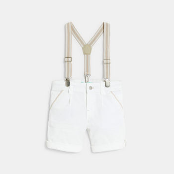 شورت برمودا من القطن الفاخر ببنسات وحمّالات، باللون الأبيض للأولاد الصغار